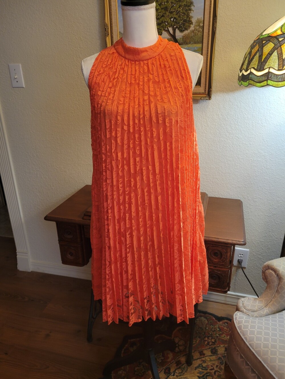 Women’s Orange Pleated Sleeveless Dress